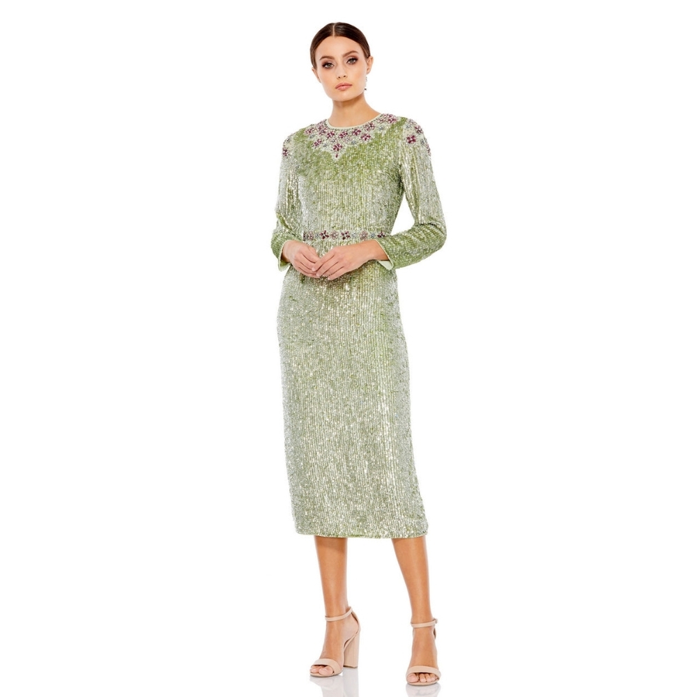 Mac Duggal Sage Sequin Dress with Bishop Sleeves